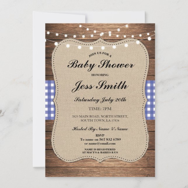 Baby Shower Rustic Burlap Blue Wood GRILLEN laden Einladung (Vorderseite)