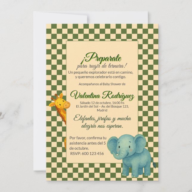 Baby Shower Safari Editable Chess pattern Elefante Einladung (Vorderseite)