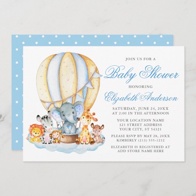 Baby Shower Safari Tiere Luftballon Wolken Punkte Einladung (Vorne/Hinten)