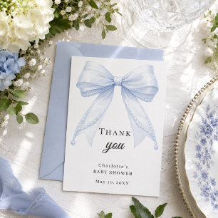 Baby-Shower-Schleife blaue Perlen elegant Dankeskarte