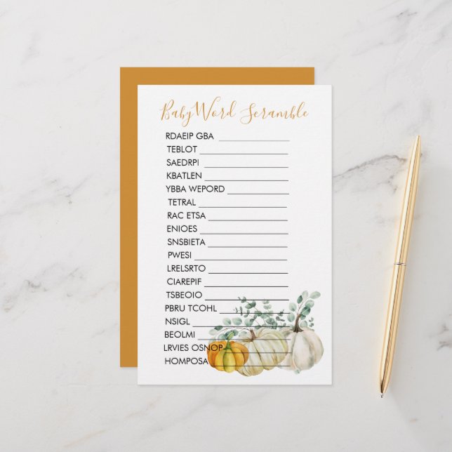 Baby Shower Scramble Fall Pumpkin Greenery (Vorderseite/Rückseite Beispiel)