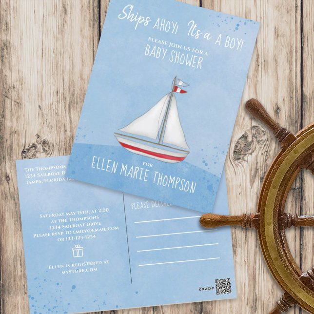 Baby Shower Ship Ahoy Es ist eine Boy Geschenkregi Postkarte (Von Creator hochgeladen)