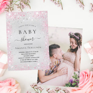 Baby-Shower Silber Glitter Rosa Mädchen Foto Einladung