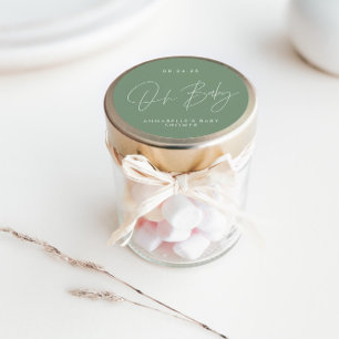Baby-Shower-Skript moderne Salbeigrün elegante  Runder Aufkleber