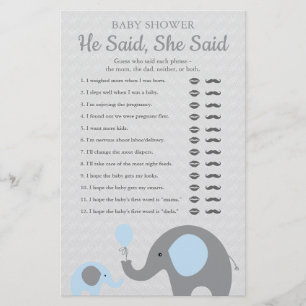 Baby-Shower-Spiel "Er sagte, sie sagte" mit blauem Flyer