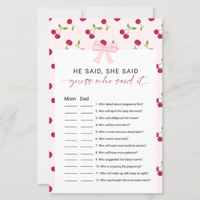 Baby Shower Spiel "Er sagte, sie sagte" mit rosa S (Vorderseite)