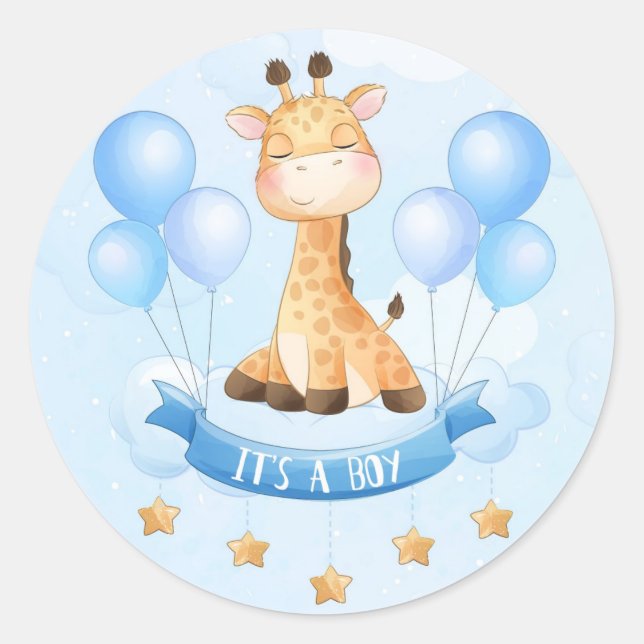 BABY SHOWER STICKER : ES IST EIN JUNGE: GIRAFFE (Vorderseite)