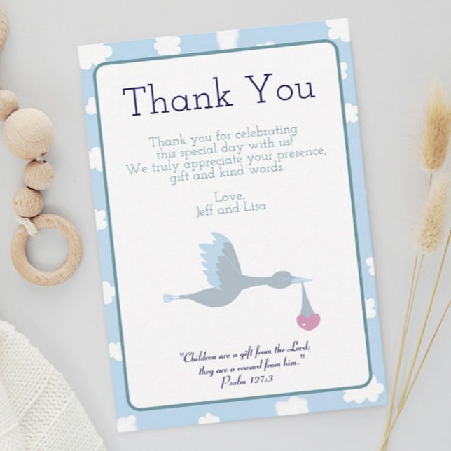 Baby Shower Stork Blue Sky Wolken und Bible Verse Dankeskarte (Baby Shower Stork Thank You Card with Bible Verse)