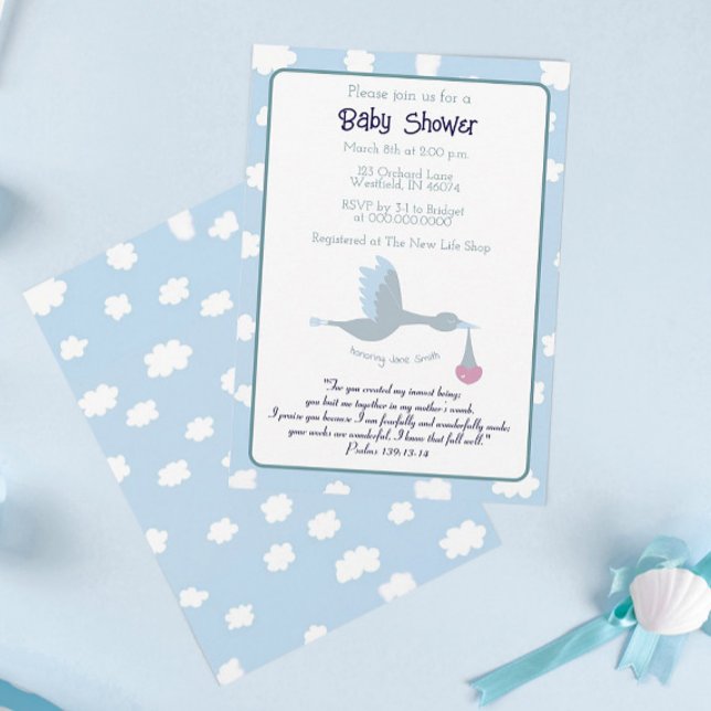Baby Shower Stork Einladung Blue Sky Bible Verse (Von Creator hochgeladen)