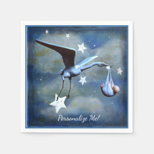 Baby Shower Stork & Newborn Blue Boy Personalisier Serviette