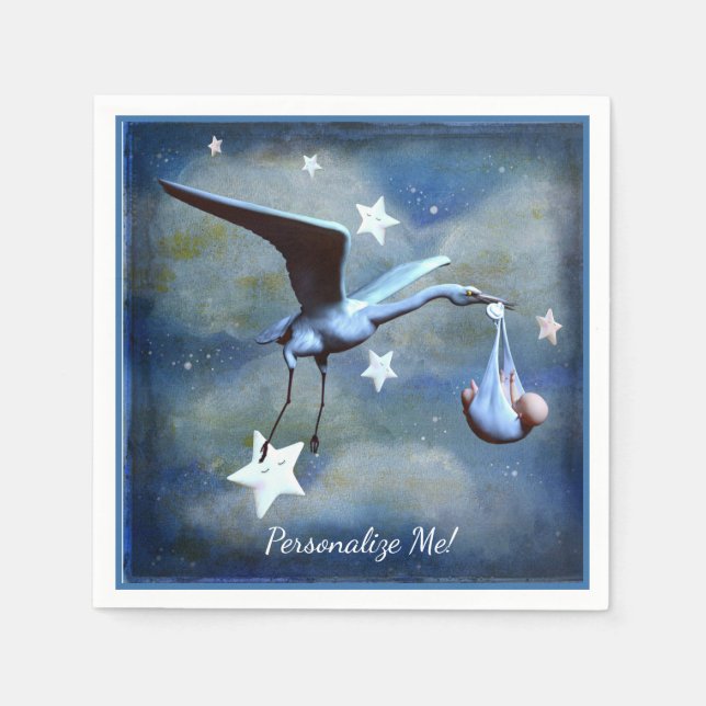 Baby Shower Stork & Newborn Blue Boy Personalisier Serviette (Vorderseite)