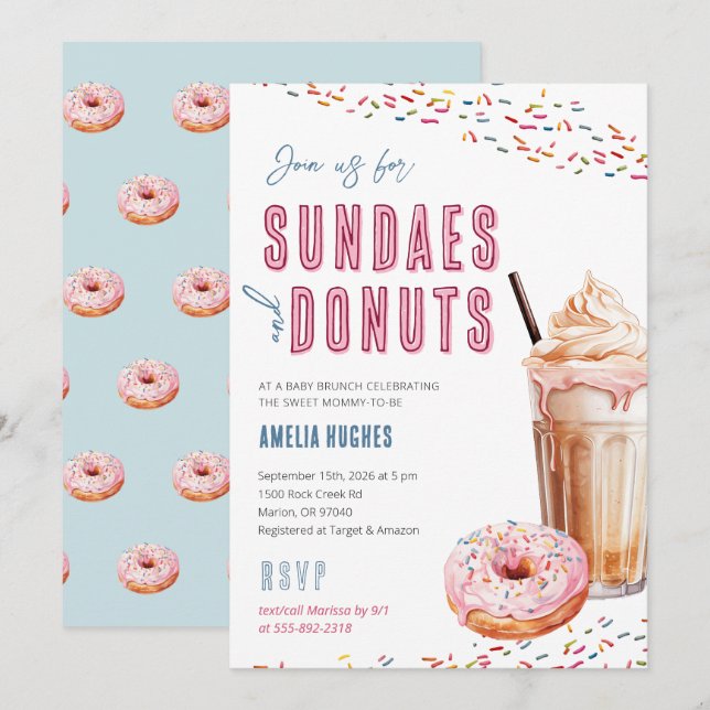 Baby Shower Sundaes Milkshakes Donuts Brunch Mitta Einladung (Vorne/Hinten)
