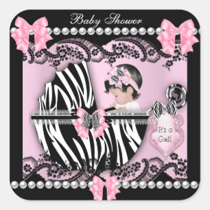 Baby Shower Süße Baby Mädchen Rosa Zebra Spitze Quadratischer Aufkleber