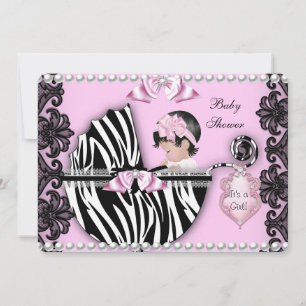 Baby Shower Süße Baby Mädchen Rosa Zebra Wagen 2 Einladung