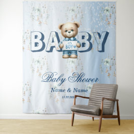 Baby-Shower Süßer Teddybär Blau Blume Schön Wandteppich