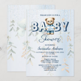 Baby Shower Süßer Teddybär Blaues Floral Einladung