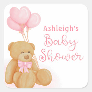 Baby-Shower Süßer Teddybär Rosa Herzballons Quadratischer Aufkleber