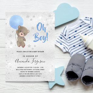 Baby Shower Teddy Bär blau silber Junge Einladung