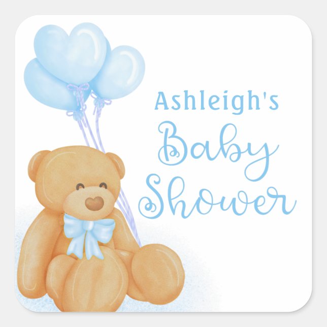 Baby Shower Teddy Bear Blue Heart Balloons Quadratischer Aufkleber (Vorderseite)