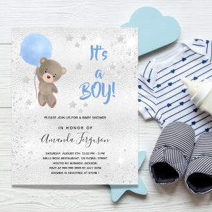 Baby-Shower-Teddybär-Junge-blaue-silberne-Einladun