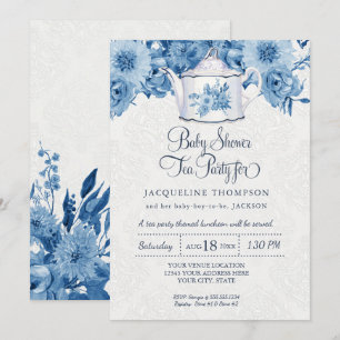 Baby Shower Tee Party Navy Blue Floral w Teapot Einladung