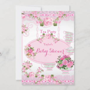 Baby-Shower-Teeparty Vintage-Spitze Rosa Floral D Einladung