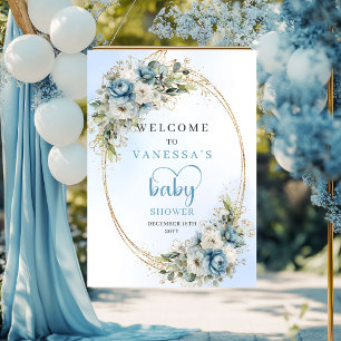 Baby-Shower-Terrassenschild Dusty Blue Blumen Gold Poster