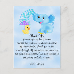 Baby Shower Thank You Boy Elephant Postkarte
