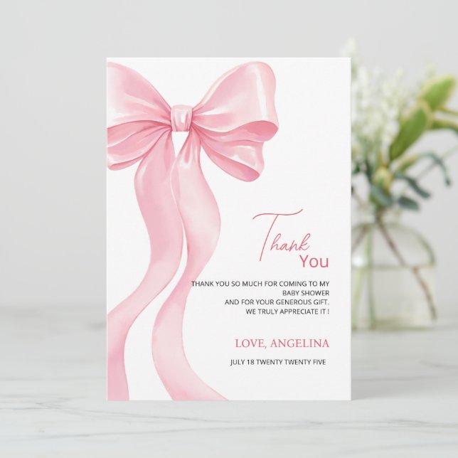 Baby Shower Thank You Cards with adorable bow. Dankeskarte (Stehend Vorderseite)