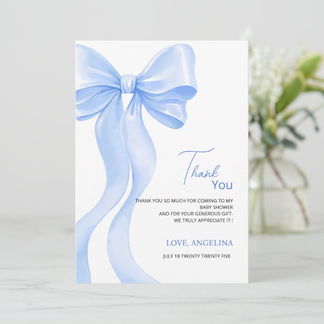 Baby Shower Thank You Cards with adorable bow. Dankeskarte (Stehend Vorderseite)