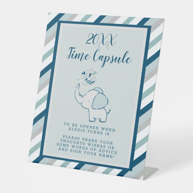Baby Shower Time Kapsel für Navy & Mint Elephant Sockelschild (Vorderseite)