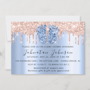 Baby Shower Tropfens Glitzer Blue Feet Rose Boy Gi Einladung