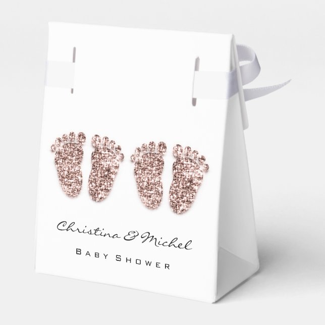 Baby Shower Twins Feet Glitzer Rose White Girl Boy Geschenkschachtel (Rückseite)
