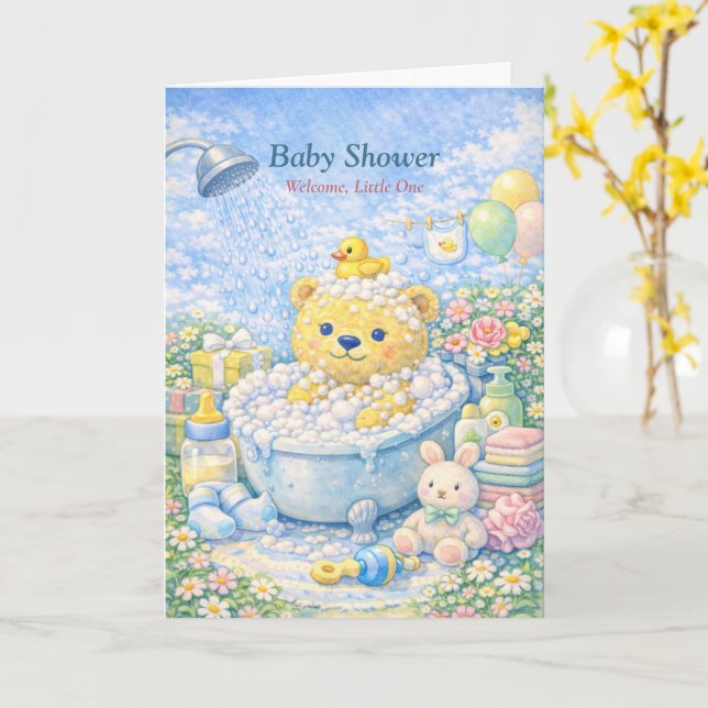 Baby Shower – Whimsical Bear Bath Illustration Karte (Gelbe Blume)