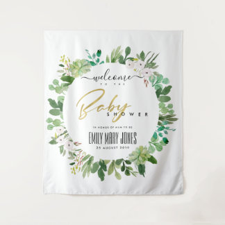 BABY SHOWER WILLKOMMEN IN WREATH FOLIAGE WATERCOLO WANDTEPPICH
