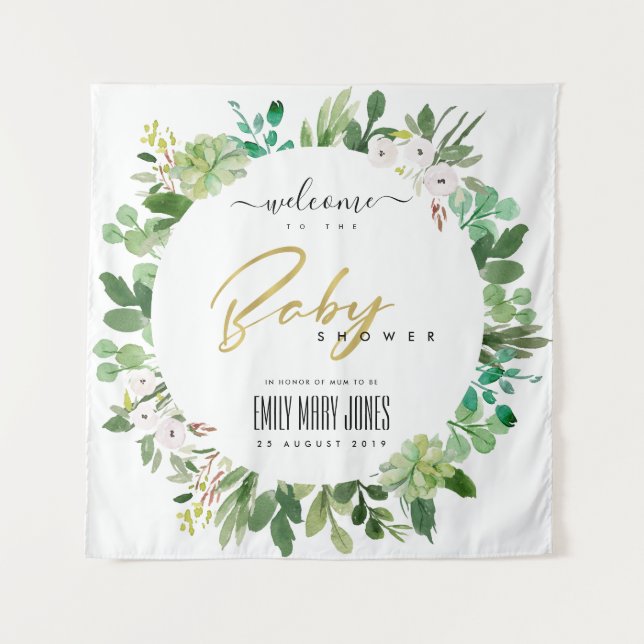 BABY SHOWER WILLKOMMEN IN WREATH FOLIAGE WATERCOLO WANDTEPPICH (Vorderseite)