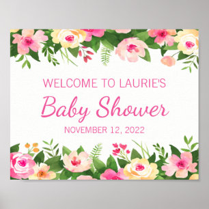 Baby-Shower-Willkommensschild Rosa und Grüne Blume Poster
