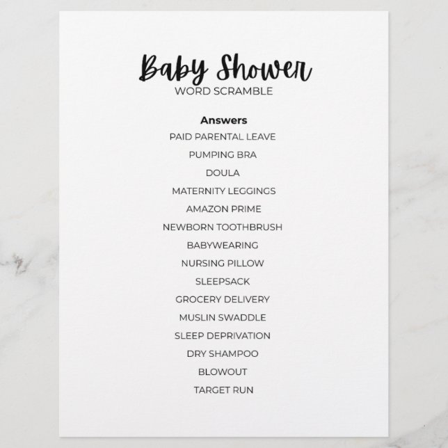 Baby Shower Word Scramble Answer Sheet Briefbogen (Vorderseite)