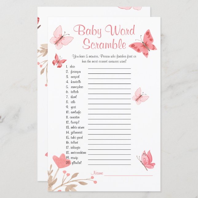 Baby Shower Word Scramble Game Pink Butterfly (Vorne/Hinten)