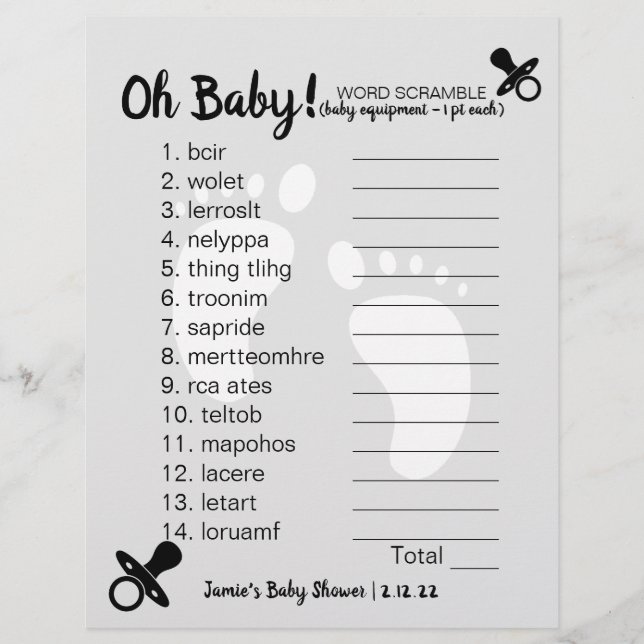 Baby Shower Word Scramble Gray (Vorderseite)