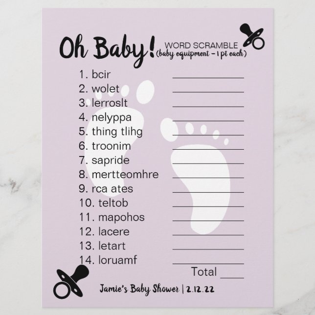 Baby Shower Word Scramble Lila (Vorderseite)
