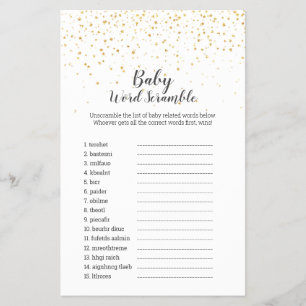 Baby Shower Wortsuche-Spiel mit goldenem Konfetti Flyer
