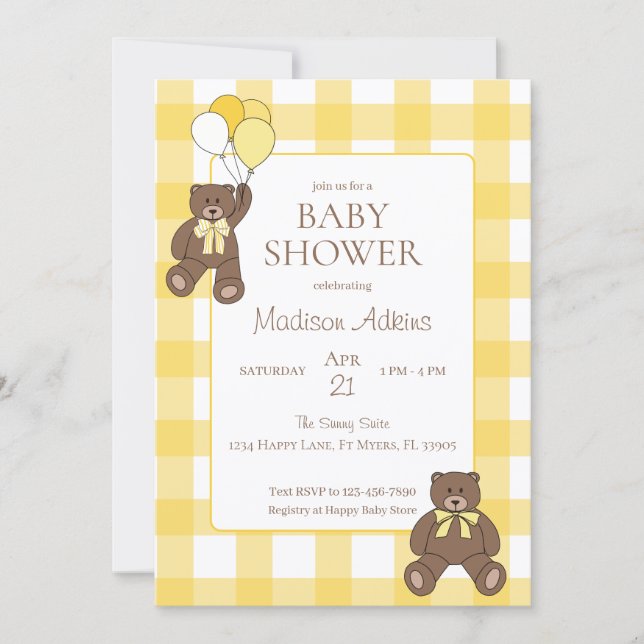 Baby Shower Yellow and White Plaid Teddy Bears Einladung (Vorderseite)