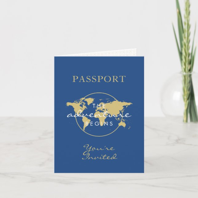 Baby Showpass Reisethema Gold Blue Einladung (Vorderseite)