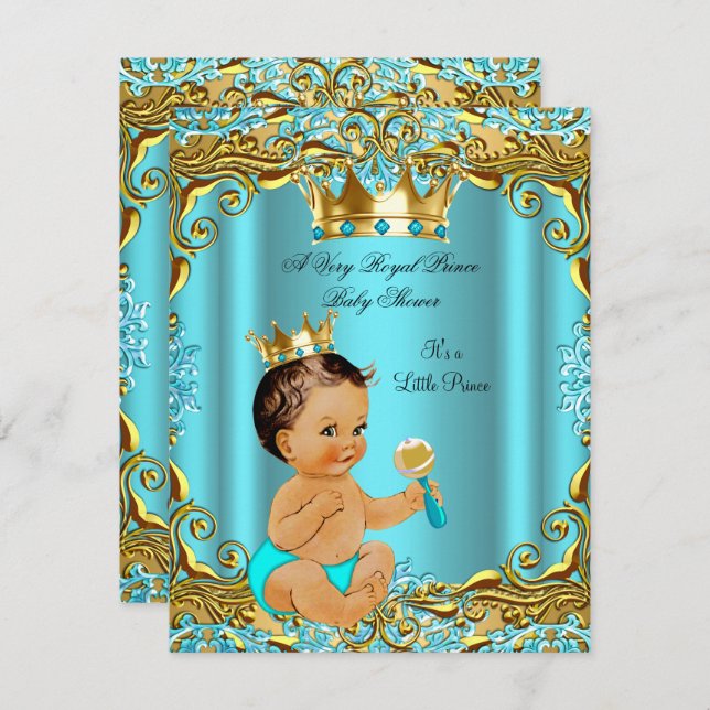 Baby Showprince Gold Aquamarin Aqua Brünett Einladung (Vorne/Hinten)