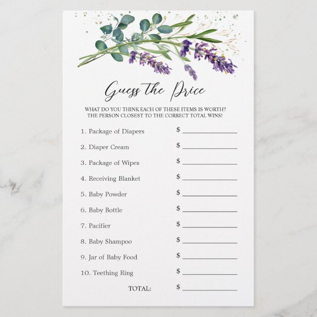 Baby Showrate Price Game Lavender Eucalyptus Briefpapier (Vorderseite)