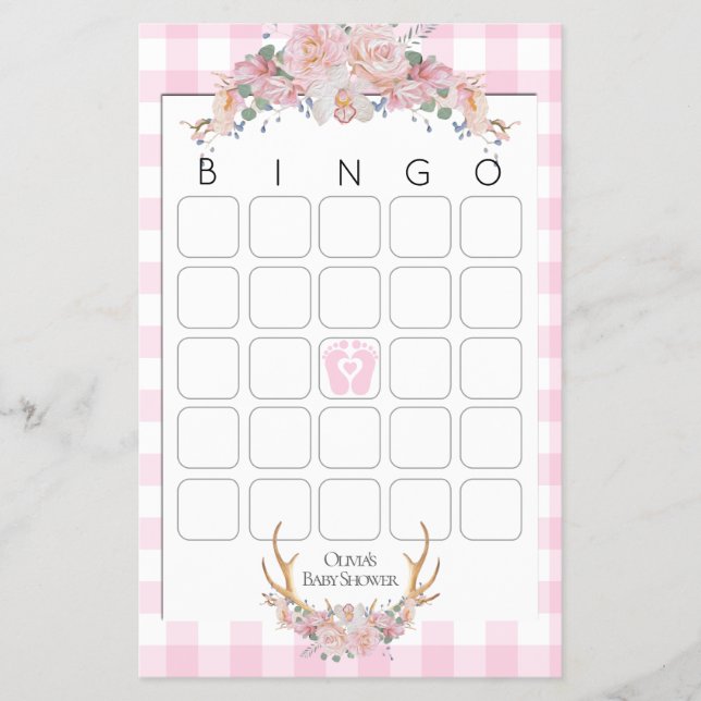 Baby Showspiele Bingo BOHO Kinderdusche Pink Flyer (Vorne)