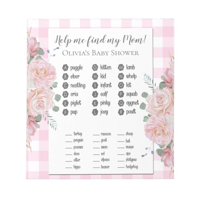 Baby Showspiele Meine Mama Pink Roses Gingham Notizblock (Vorderseite)
