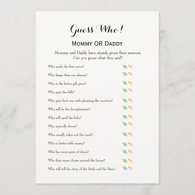 Baby Showspiele - Wünsche für Baby und Ratgeber We Hinweiskarte (Vorderseite)