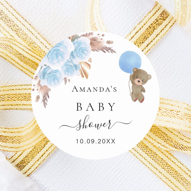 Baby Showteddy Bär Pampas Gras Blau Junge Runder Aufkleber (Von Creator hochgeladen)